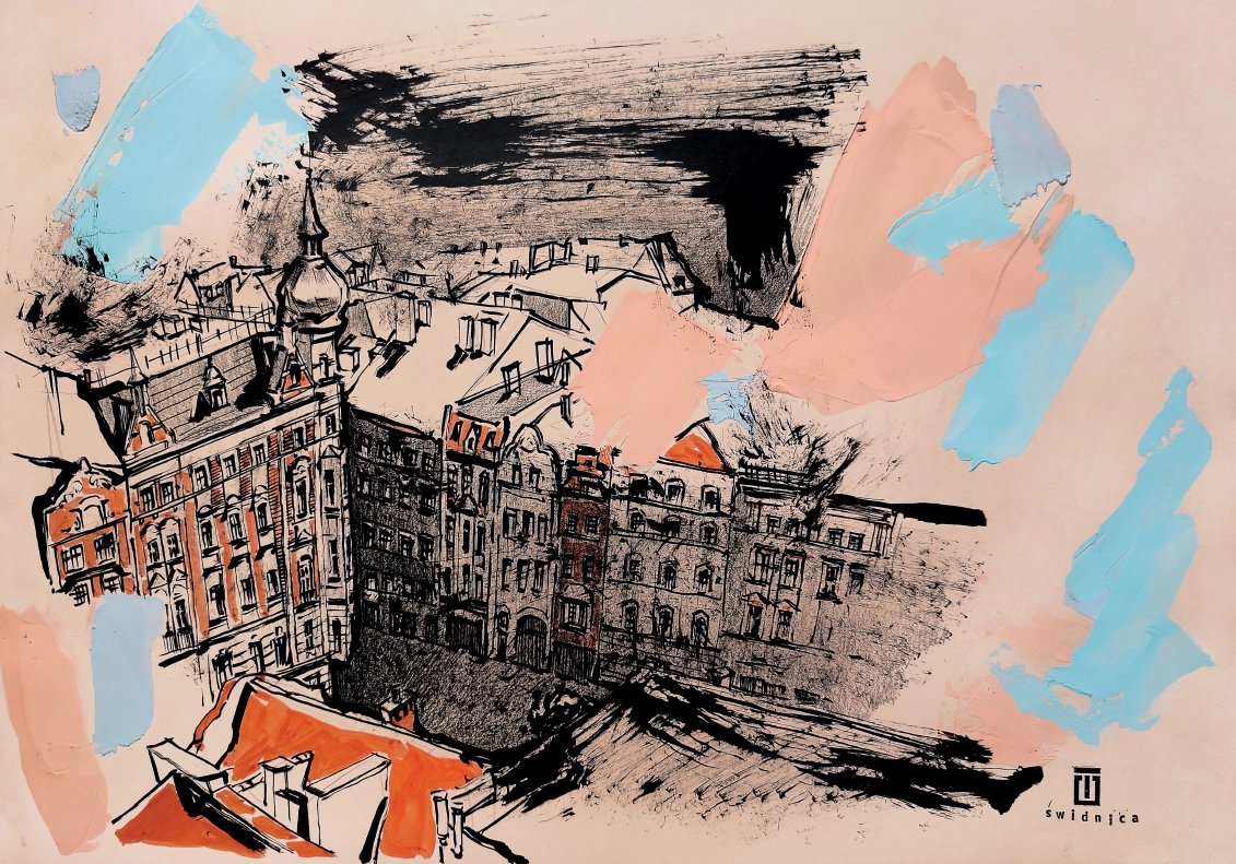 “Sketch 33. Świdnica”, 2024, ink, gouache, pencil on color paper, 35×50 cm, Tetiana Ocheredko
