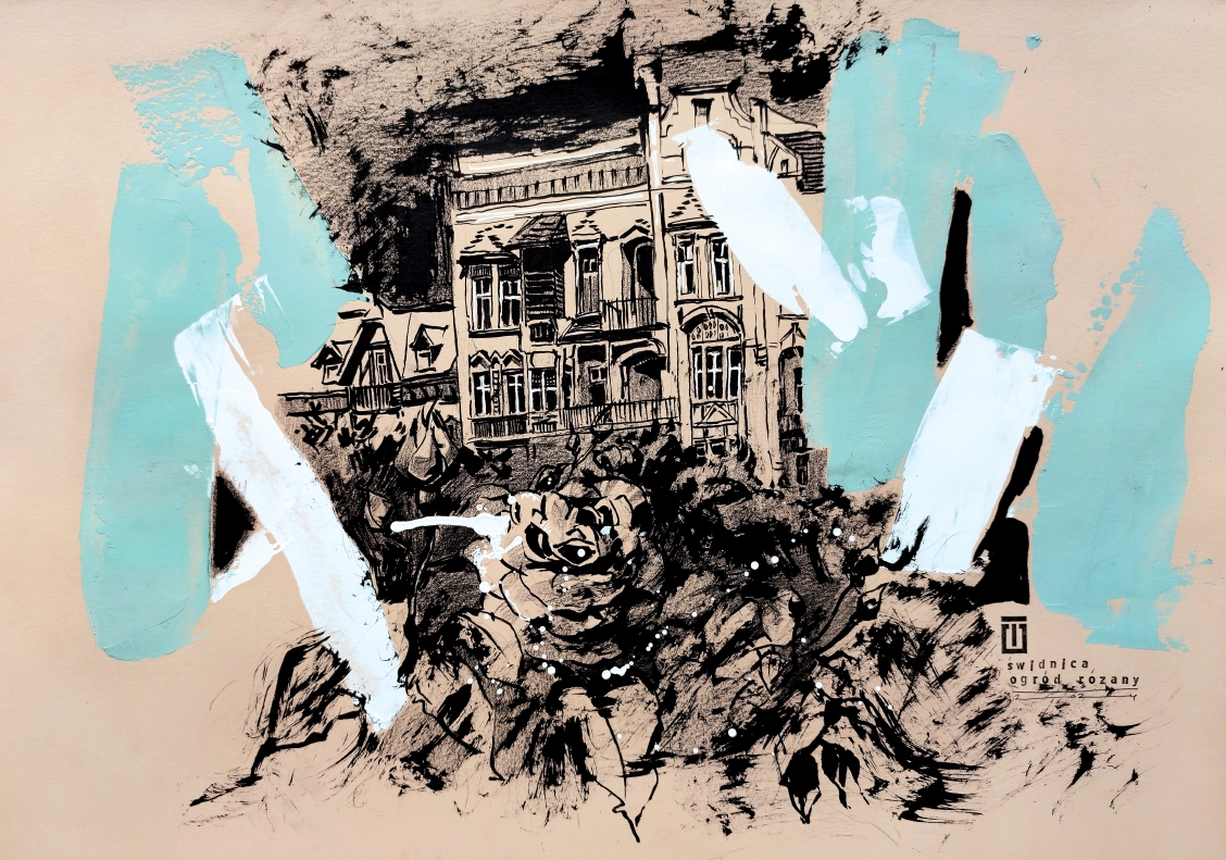 “Sketch 34. Świdnica. Rose Garden”, 2024, ink, gouache, pencil on color paper, 35×50 cm, Tetiana Ocheredko