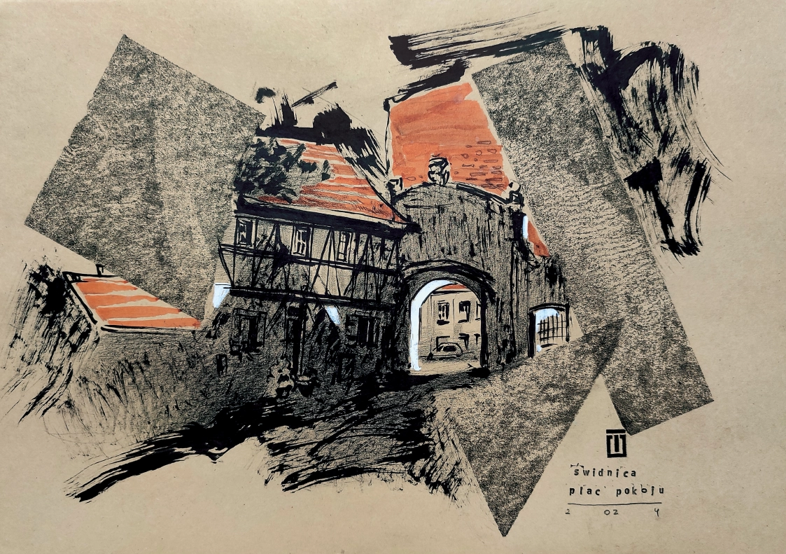 “Sketch 36. Świdnica. Peace Square”, 2024, ink, acrylic, pencil on color paper, 30×42 cm, Tetiana Ocheredko