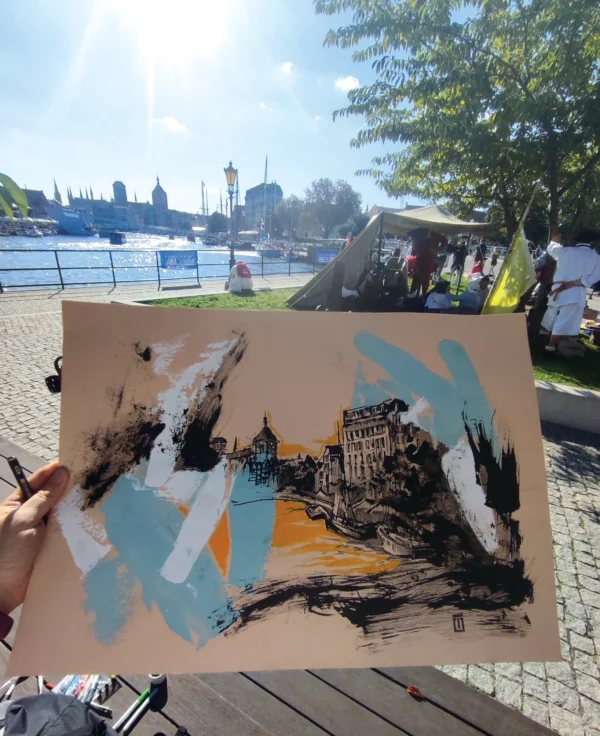 “Sketch 37. Gdansk. Motlawa”, 2024, ink, gouache, pencil on color paper, 35x50 cm, Tetiana Ocheredko - Image 2