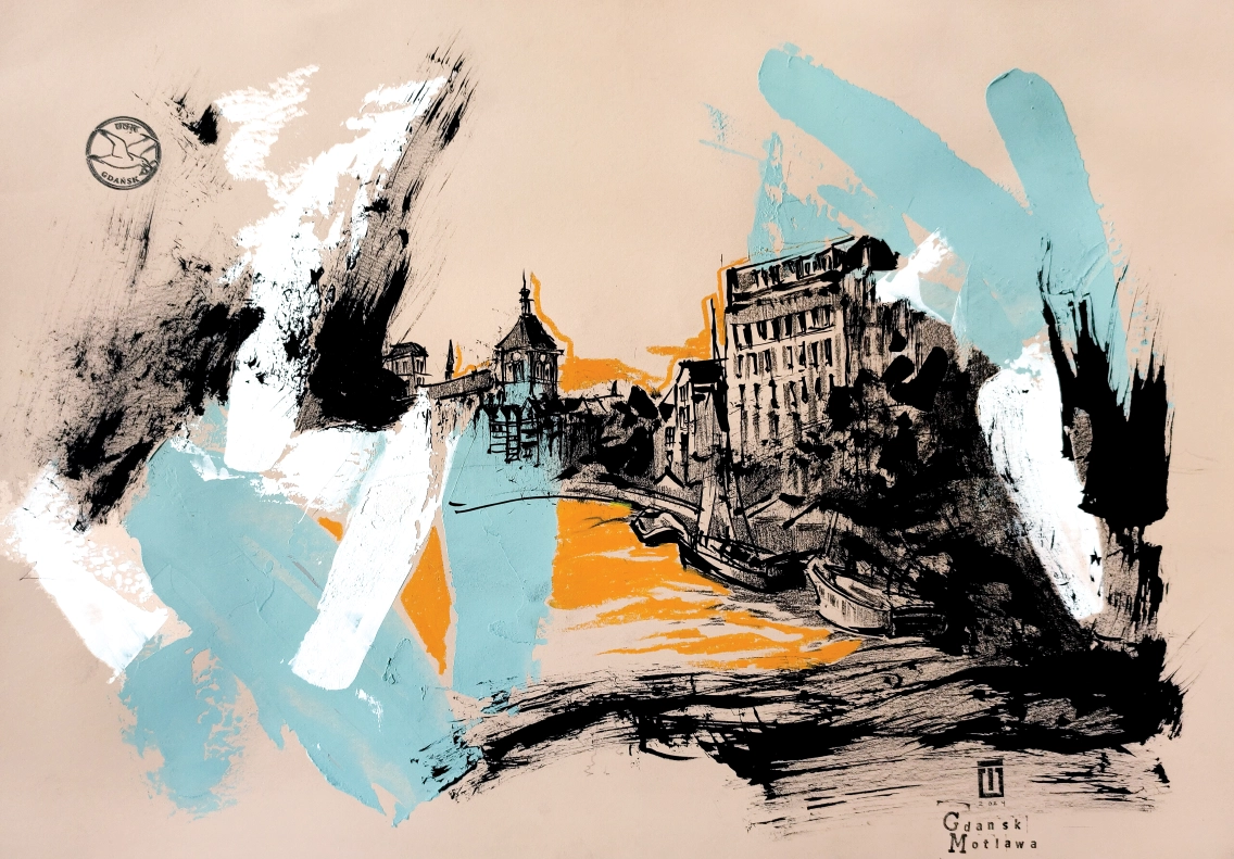 “Sketch 37. Gdansk. Motlawa”, 2024, ink, gouache, pencil on color paper, 35x50 cm, Tetiana Ocheredko