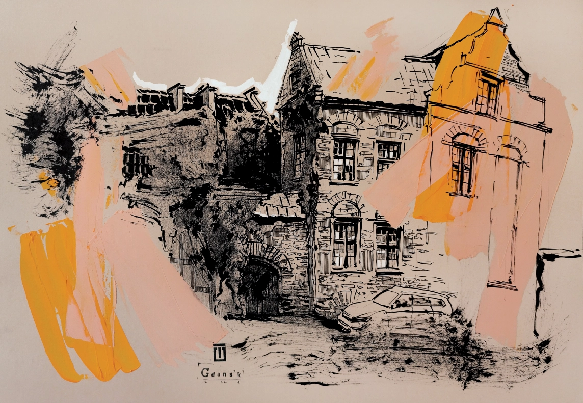 “Sketch 38. Gdansk”, 2024, ink, gouache, pencil on color paper, 35×50 cm, Tetiana Ocheredko