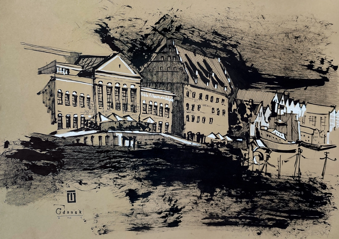 “Sketch 39. Gdansk Philharmonic”, 2024, ink, pencil, acrylic on color paper, 30×42 cm, Tetiana Ocheredko