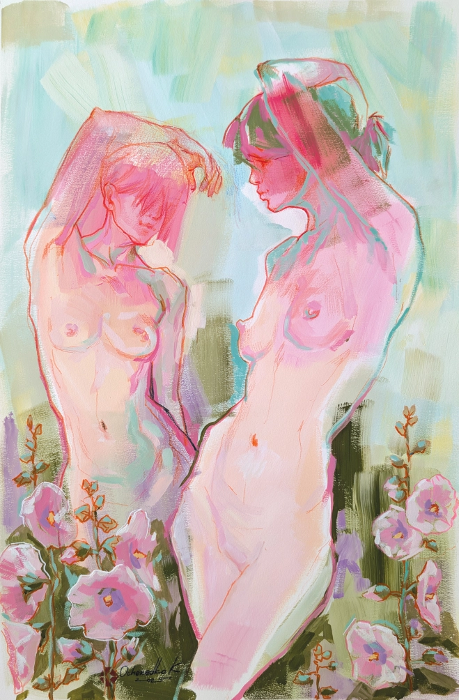 “Secrets of the Hollyhocks”, 2025, gouache, colored pencils on paper, 55x36cm, paper size 57x38cm, Kateryna Ocheredko