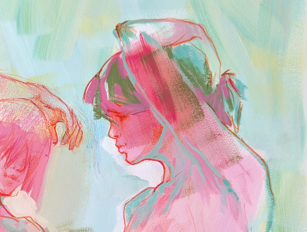 “Secrets of the Hollyhocks”, 2025, gouache, colored pencils on paper, 55x36cm, paper size 57x38cm, Kateryna Ocheredko - Image 2