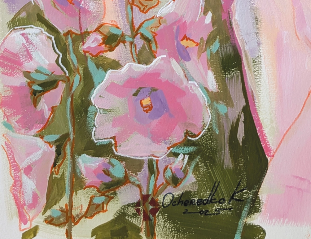 “Secrets of the Hollyhocks”, 2025, gouache, colored pencils on paper, 55x36cm, paper size 57x38cm, Kateryna Ocheredko - Image 4