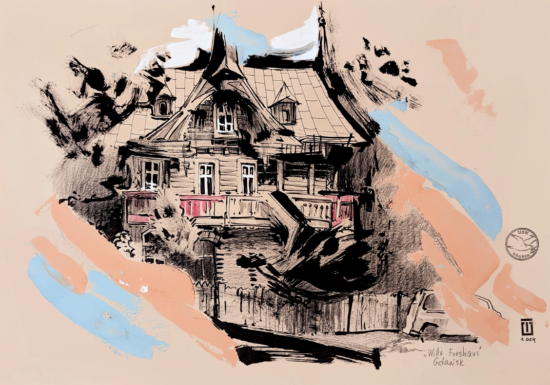 “Sketch 40. Willa Forshaus. Gdansk”, 2024, ink, acrylic, pencil, gouache on color paper, 35×50 cm, Tetiana Ocheredko