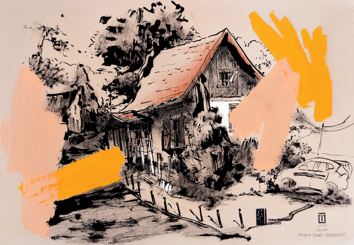 “Sketch 41. Gdynia. Museum Domek Zeromskiego”, 2024, ink, pencil, gouache on color paper, 35×50 cm, Tetiana Ocheredko