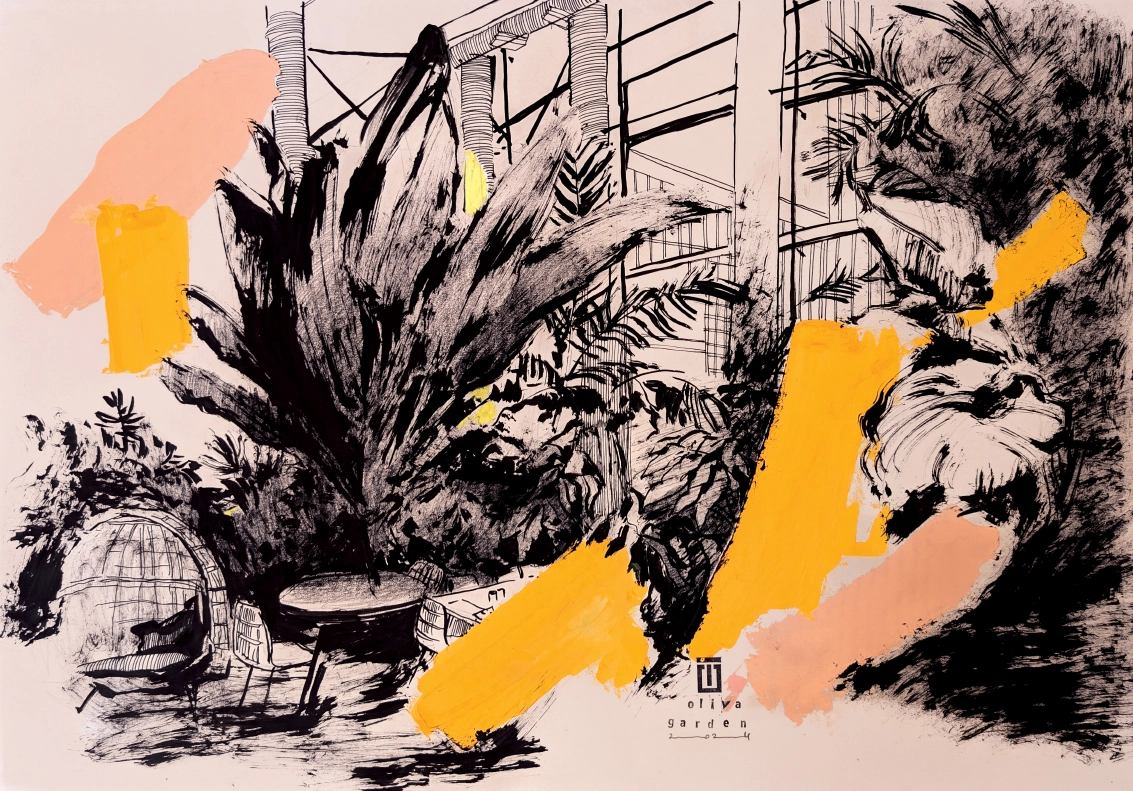 “Sketch 43. Oliva Garden”, 2024, ink, pencil, gouache on color paper, 35×50 cm, Tetiana Ocheredko