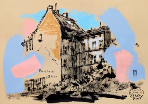 “Biskupia Górka 2”, 2025, ink, pencils, acrylic on paper, 30x42 cm, Tetiana Ocheredko