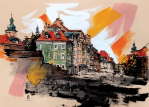 “The Old Town of Warsaw”, 2025, ink, pencil, acrylic on paper, 50x70 cm, Tetiana Ocheredko