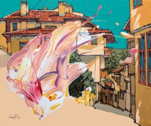 “The Sun Dances on the Streets”, 2025, acrylic on canvas, 50×60 cm, Tetiana Ocheredko