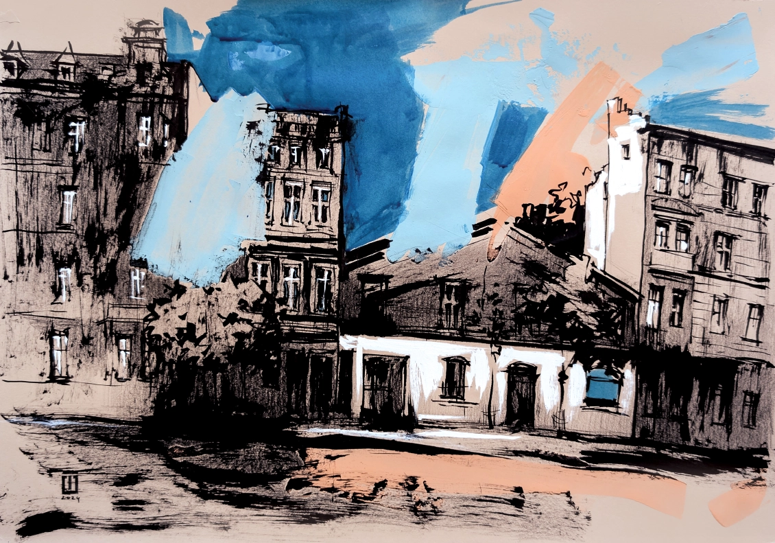 “Sketch 45. Gdansk”, 2024, ink, pencil, gouache on color paper, 35x50 cm, Tetiana Ocheredko