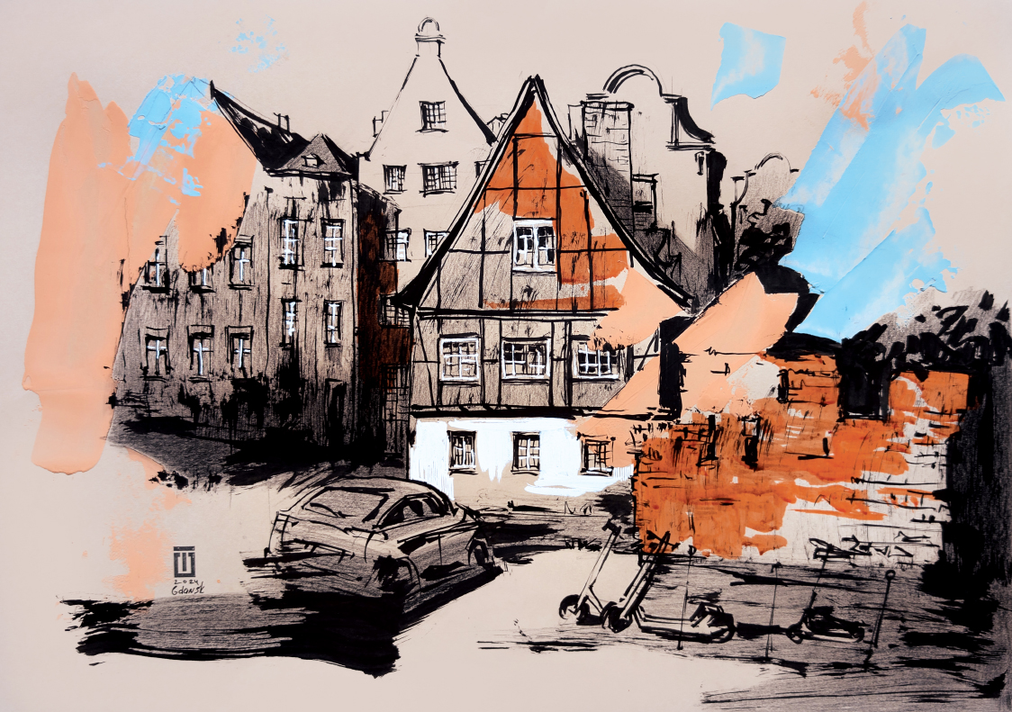 “Sketch 46. Gdansk”, 2024, ink, pencil, gouache on color paper, 35x50 cm, Tetiana Ocheredko