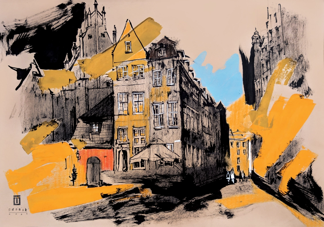 “Sketch 48. Gdansk. Old city”, 2024, ink, pencil, gouache on color paper, 35x50 cm, Tetiana Ocheredko