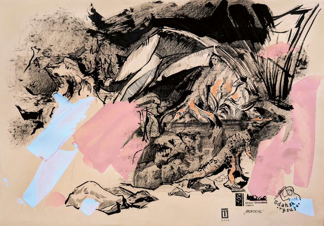 “Sketch 49. Crocodile. Aquarium Gdynia”, 2024, ink, pencil, gouache on color paper, 35x50 cm, Tetiana Ocheredko