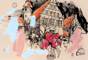“Sketch 52. Festoria”, 2025, ink, pencil, acrylic on color paper, 35x50 cm, Tetiana Ocheredko