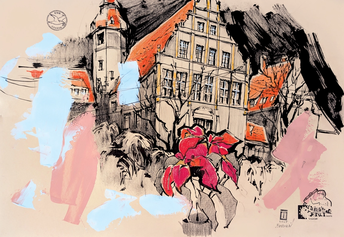 “Sketch 52. Festoria”, 2025, ink, pencil, acrylic on color paper, 35x50 cm, Tetiana Ocheredko