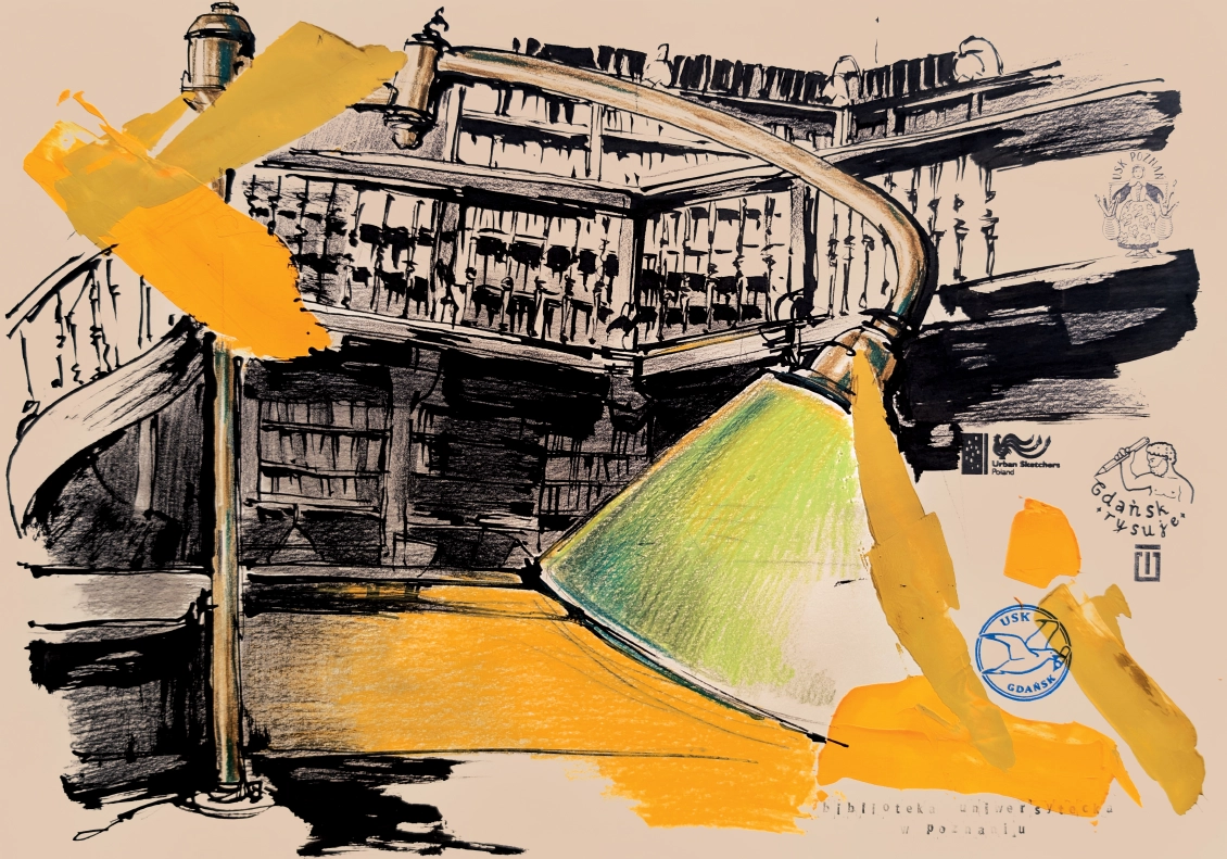 “Sketch 53. University Library in Poznan”, 2025, ink, pencil, acrylic on color paper, 35x50 cm, Tetiana Ocheredko