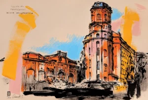 “Żyrardów. Aparthotel. Stara Przędzalnia”, 2025, ink, pencils, acrylic on paper, 35x50 cm, Tetiana Ocheredko