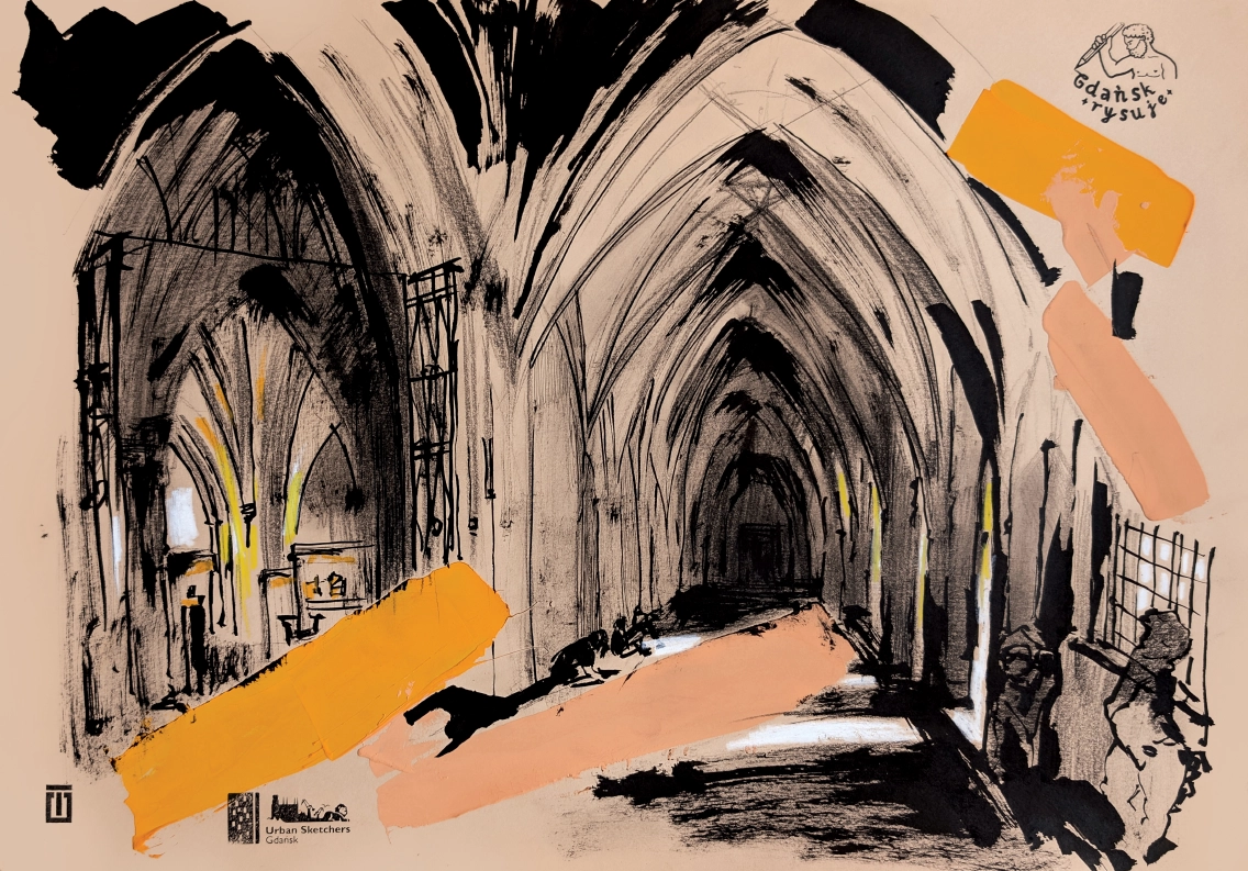 “Sketch 55. National Museum Gdansk”, 2025, ink, pencil, gouache on color paper, 35x50 cm, Tetiana Ocheredko