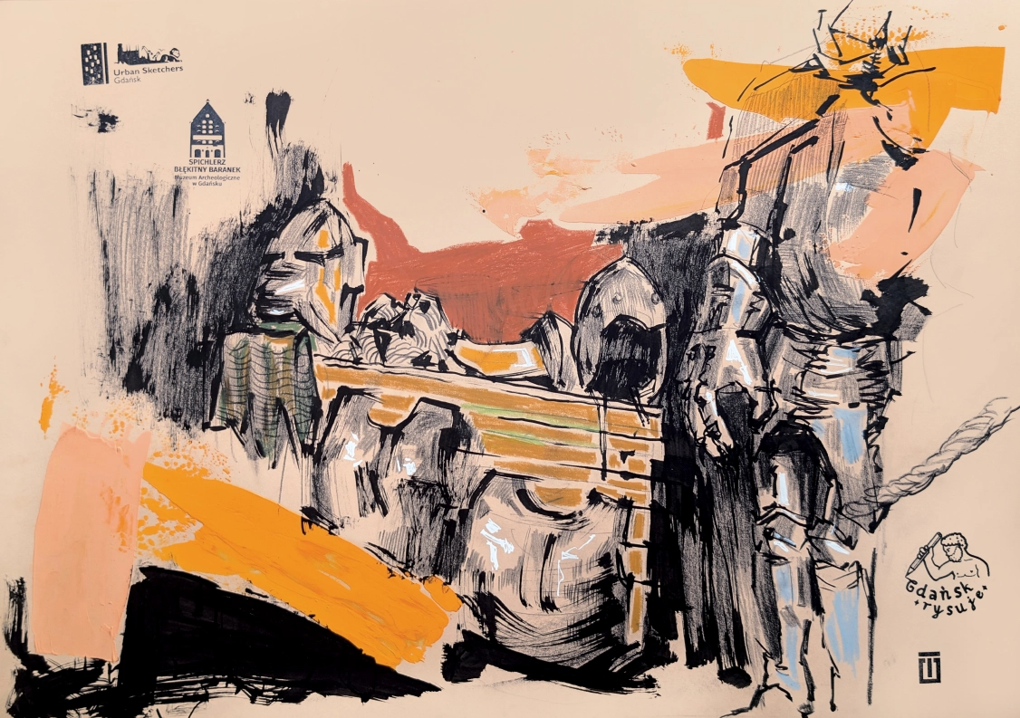 “Sketch 56. Archaeological Museum in Gdansk”, 2025, ink, pencil, acrylic on color paper, 35x50 cm, Tetiana Ocheredko