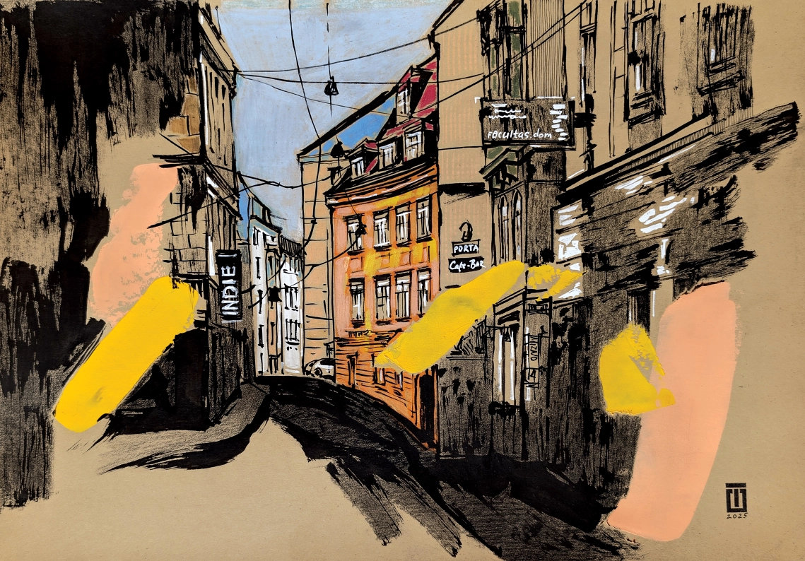 “Viennese street”, 2025, ink, pencil, acrylic on paper, 30x42 cm, Tetiana Ocheredko