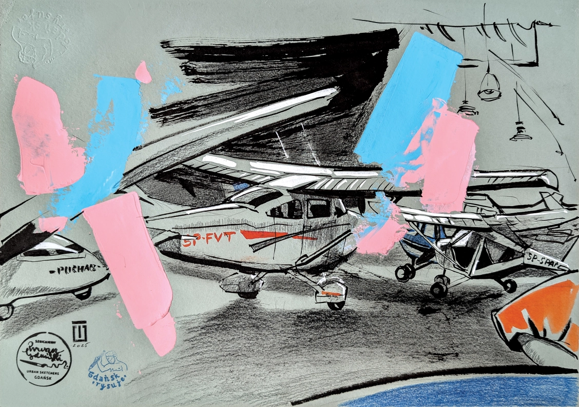 “Aeroklub Gdański 1”, 2025, ink, pencil, acrylic on paper, 30x42 cm, Tetiana Ocheredko