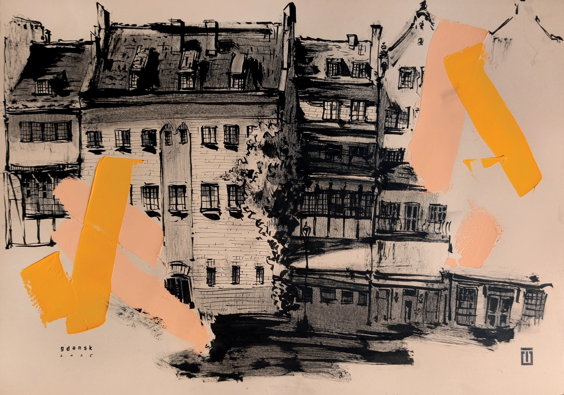 "Sketch 57. Gdansk", 2025, ink, pencil, acrylic on paper, 35x50 cm, Tetiana Ocheredko