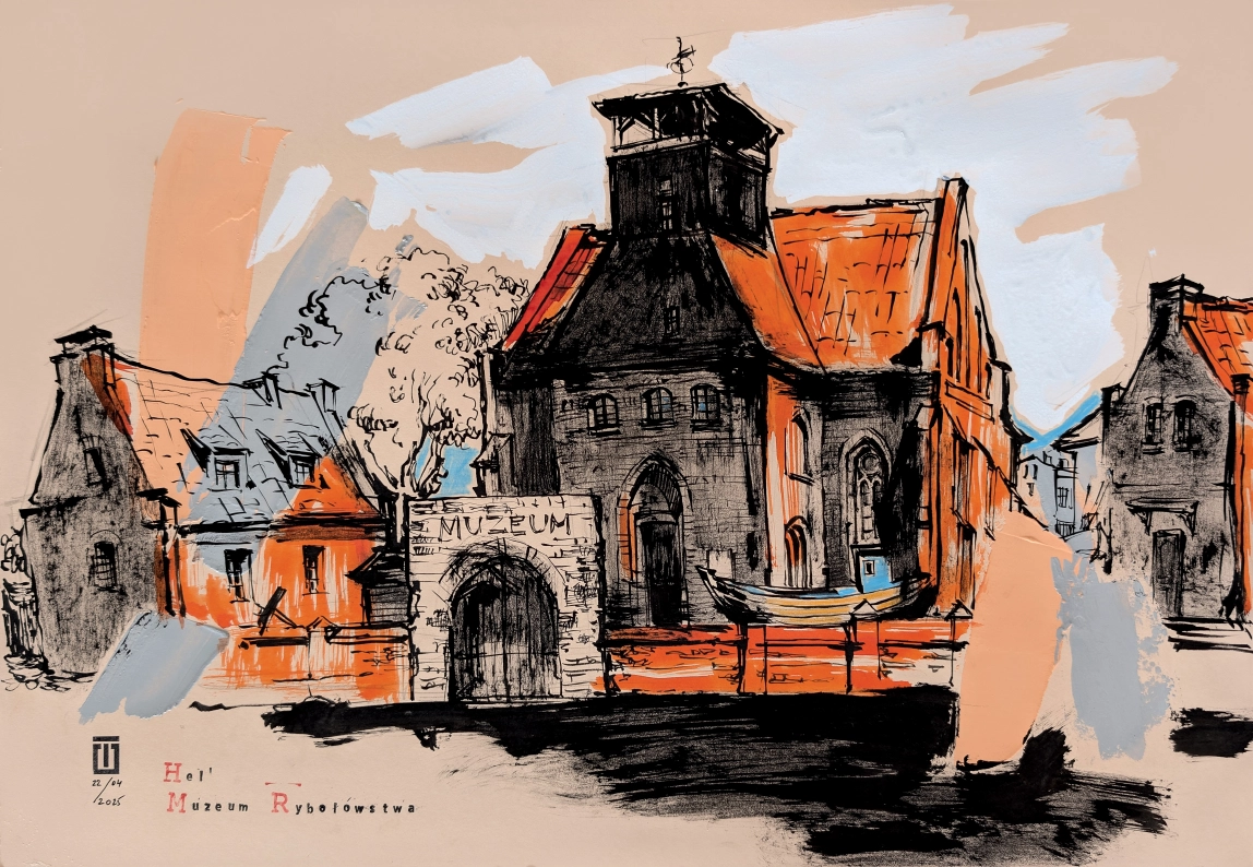 "Sketch 58. Hel. Fisheries Museum", 2025, ink, pencil, acrylic on color paper, 35x50 cm, Tetiana Ocheredko
