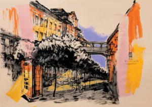 "Sketch 60. Żyrardów", 2025, ink, pencil, acrylic on paper, 35x50 cm, Tetiana Ocheredko