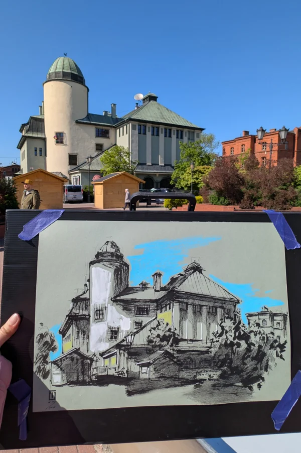 "Sketch 61. Cultural Centre in Żyrardów", 2025, ink, pencil, acrylic on paper, 30x42 cm, Tetiana Ocheredko - Image 2