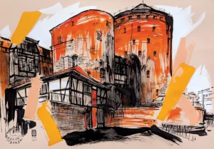 “Brama Stągiewna”, 2025, ink, pencils, acrylic on color paper, 35x50 cm, Tetiana Ocheredko