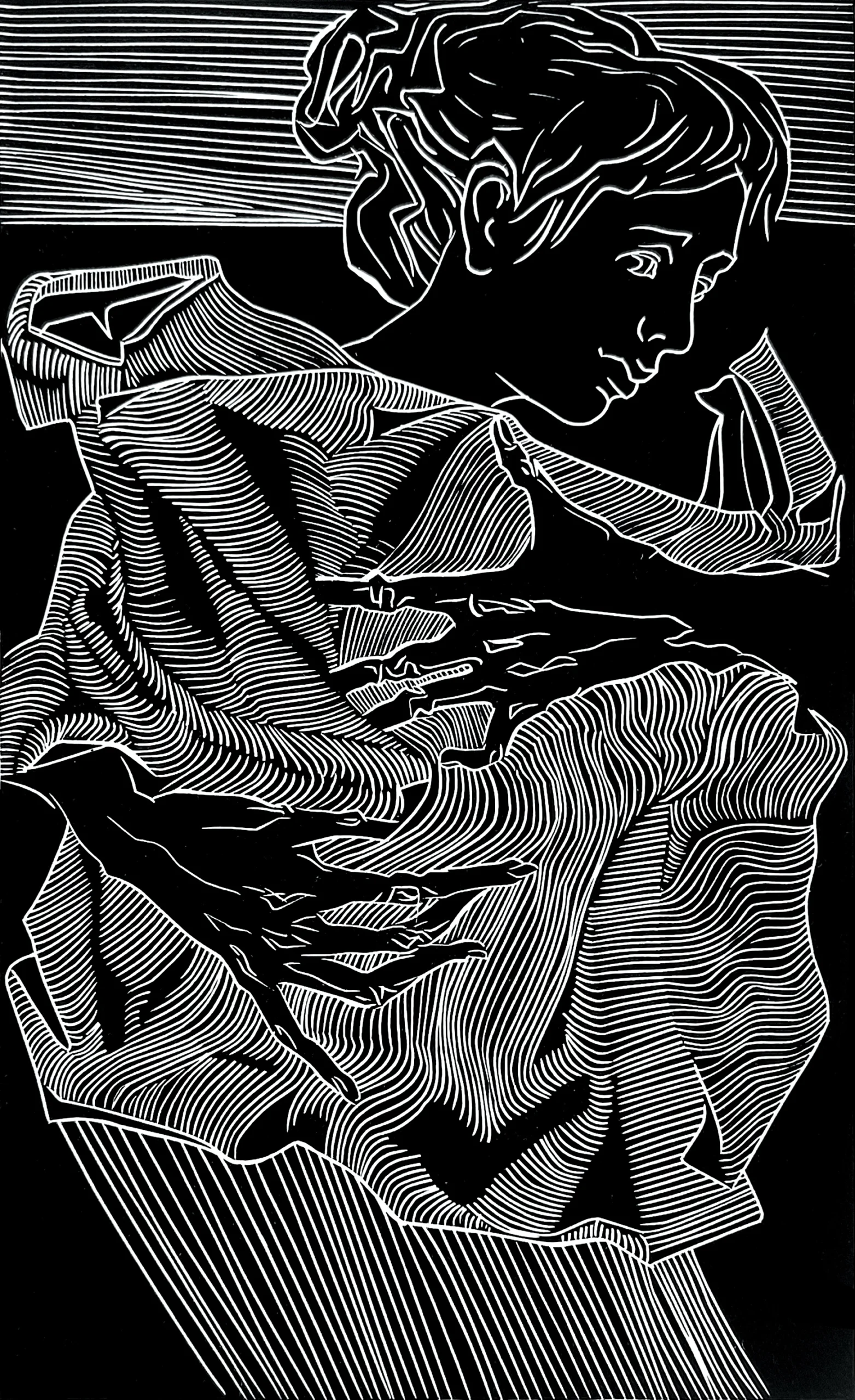 Painting: Kateryna Ocheredko "Life is in your hands", linocut, work size 25x15cm, paper size 39x27cm, 2023
