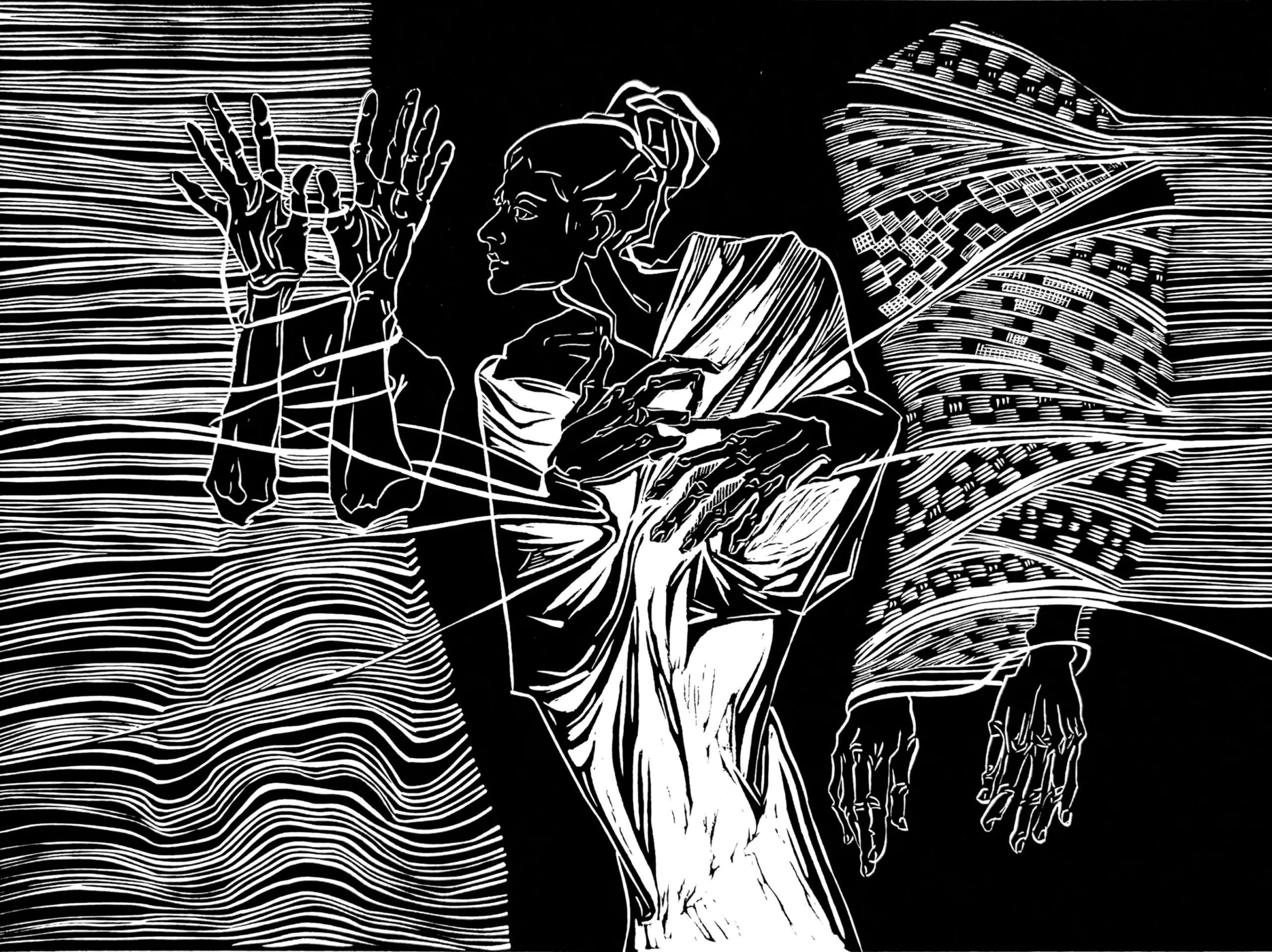 Painting: Kateryna Ocheredko "Bucha", linocut, work size 30x40cm, paper size 39x53 cm, 2022 