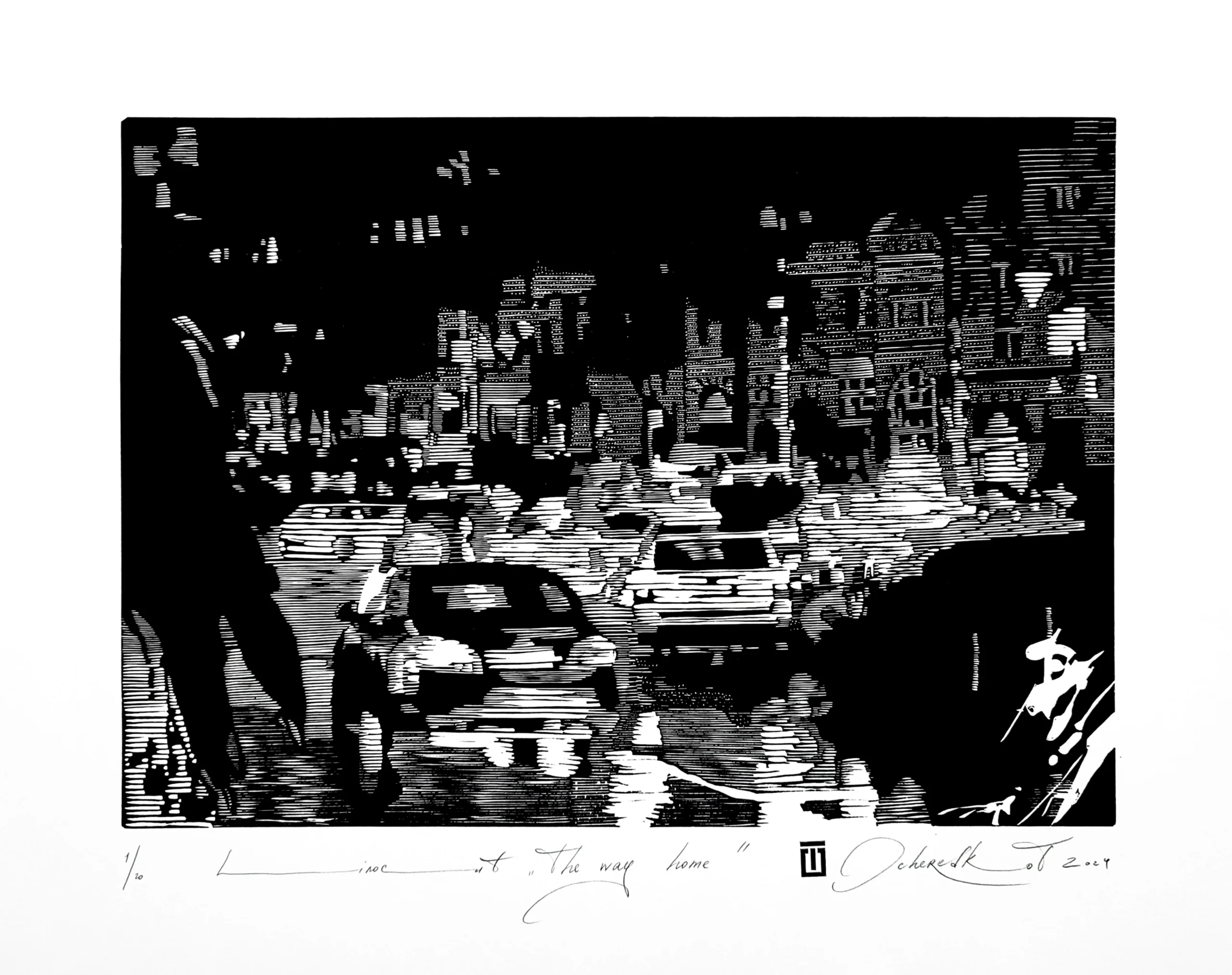 Painting: Tetiana Ocheredko "The way home", linocut, 30x42cm, 2024