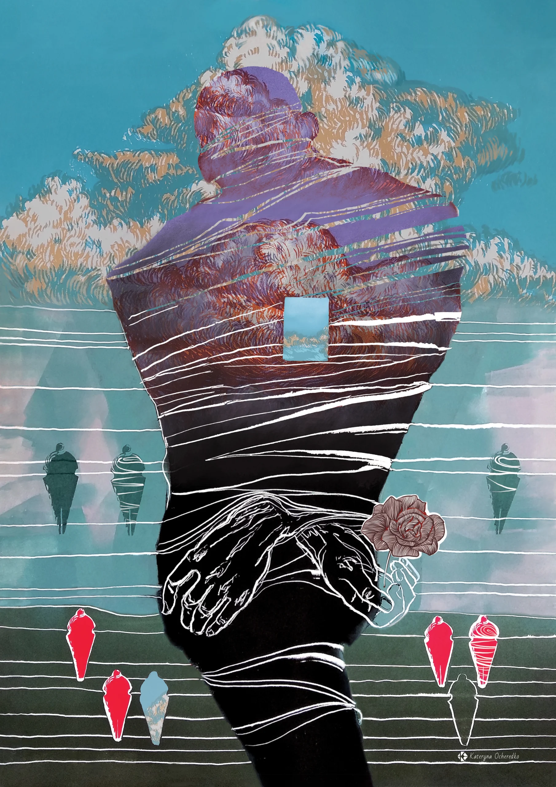 Painting: "Peace Among the Clouds", monotype, 2D, 2023, Kateryna Ocheredko